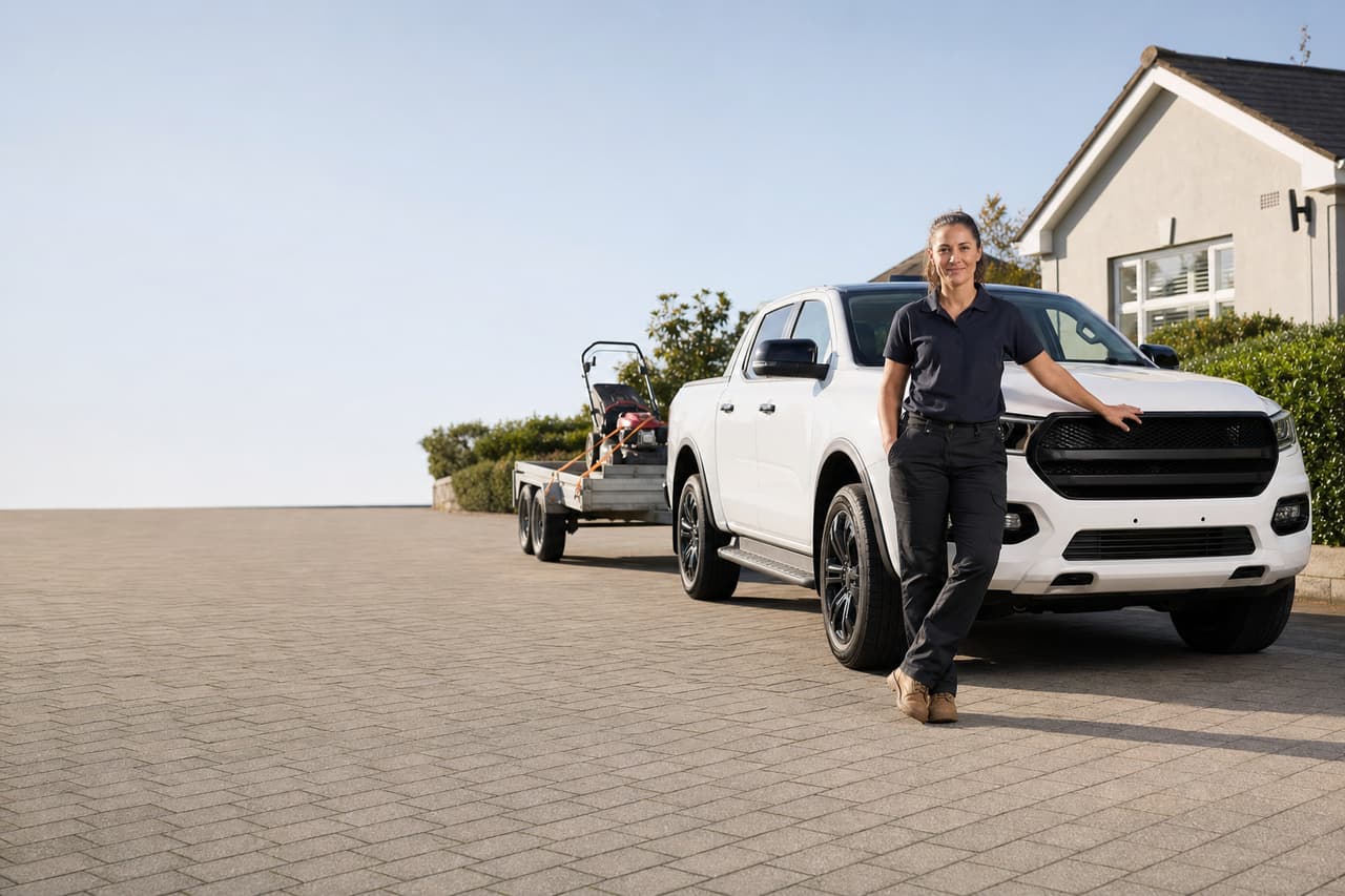 A lawn care business owner beside her truck and trailer on a suburban driveway