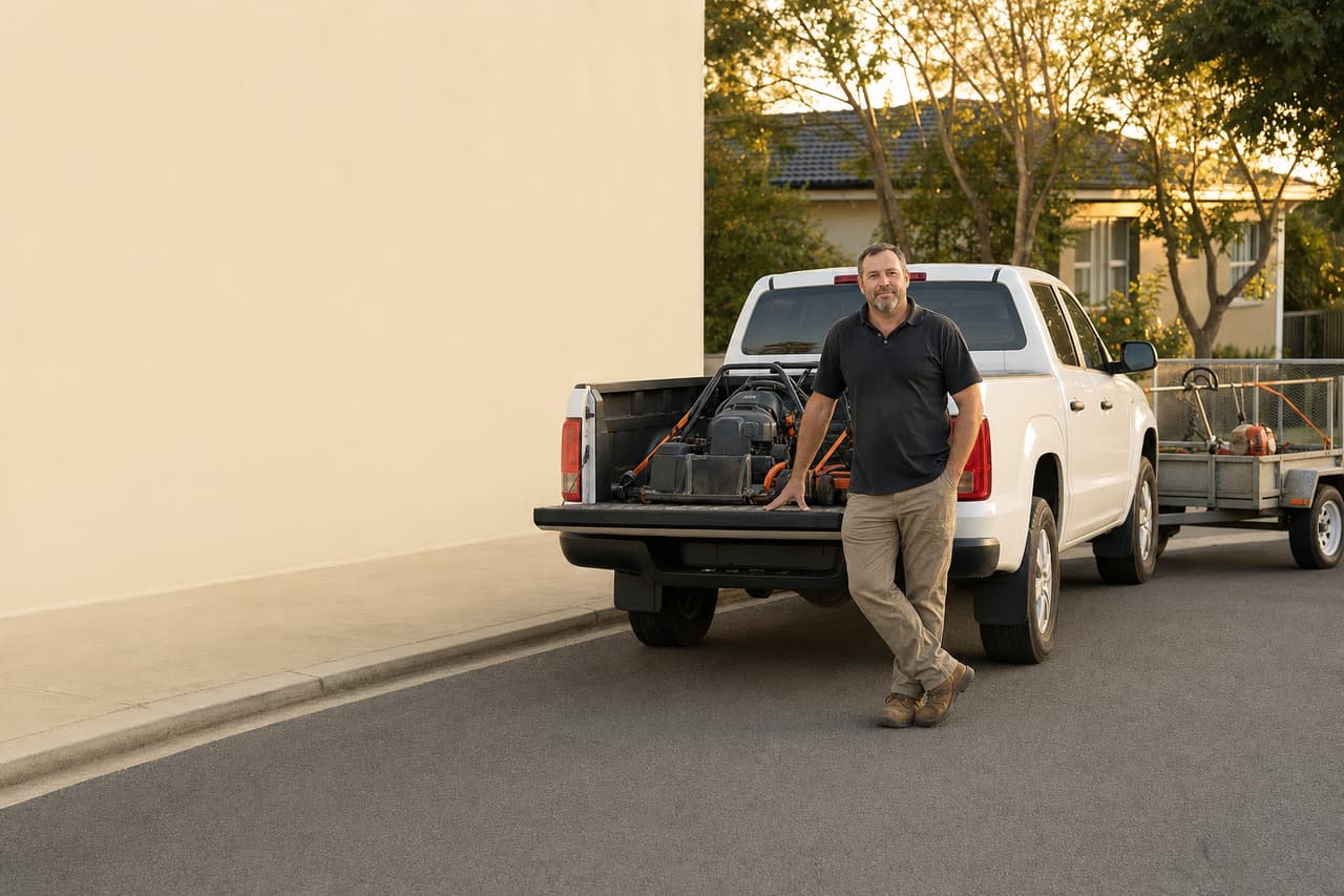 A lawn care business owner at the tailgate of his truck