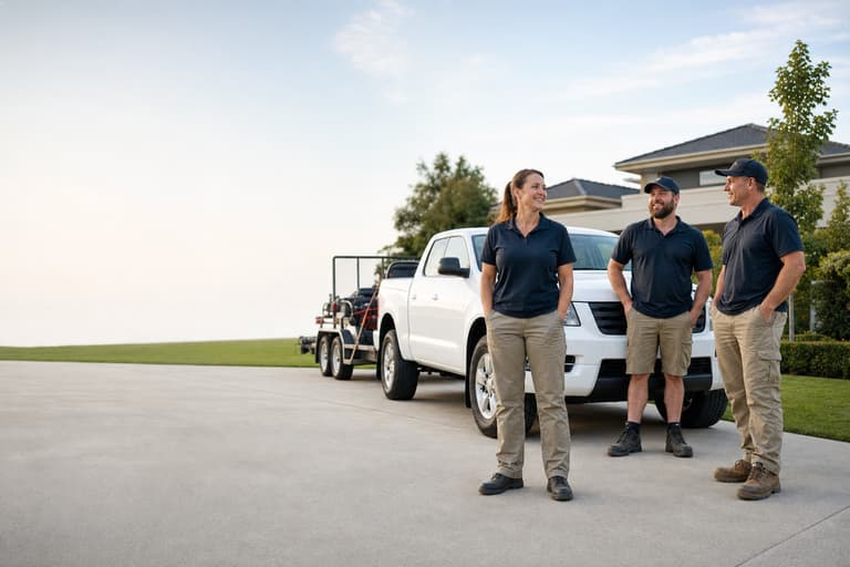 A lawn care business owner with two colleagues beside their truck and trailer