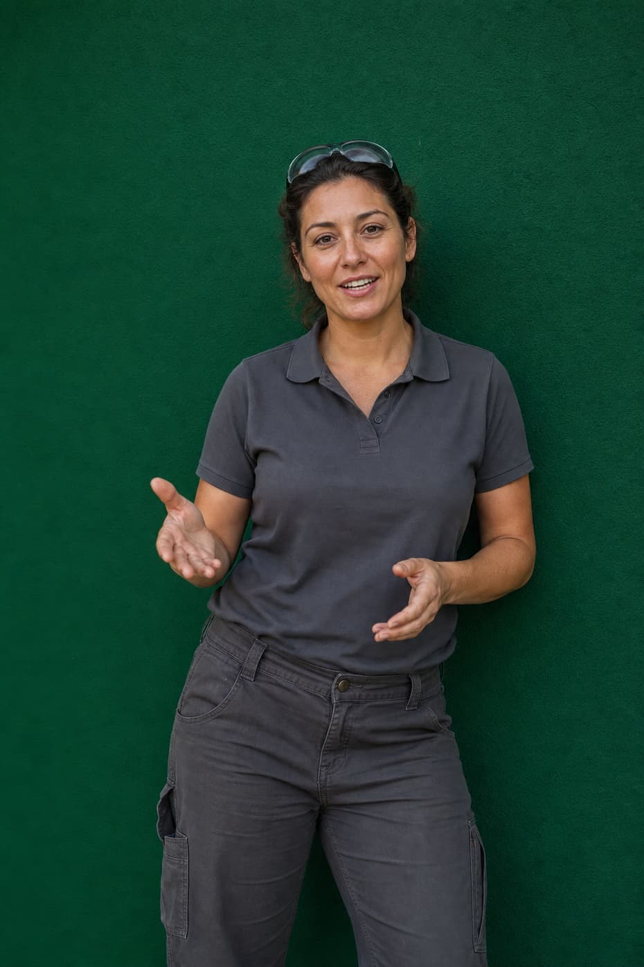 A lawn care business owner with safety glasses pushed up on her head